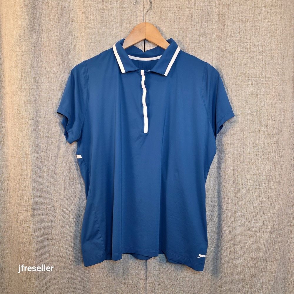 Slazenger Golf Short Sleeve Snap Polo Shirt Womens L Blue White Trim Plackard